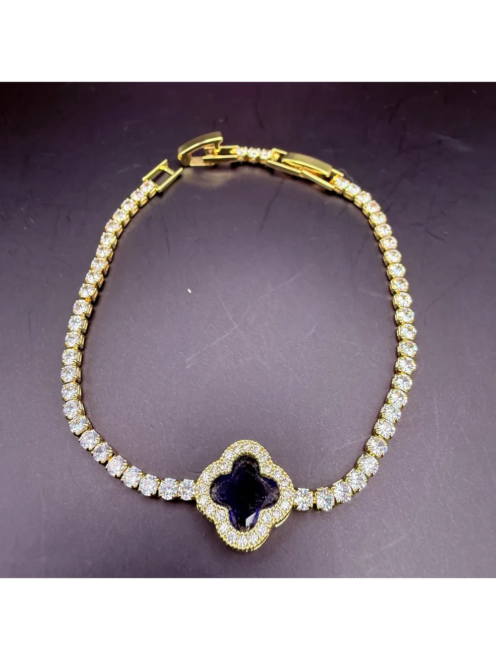 candy+clover navy blue clover crystal gold tone tennis bracelet